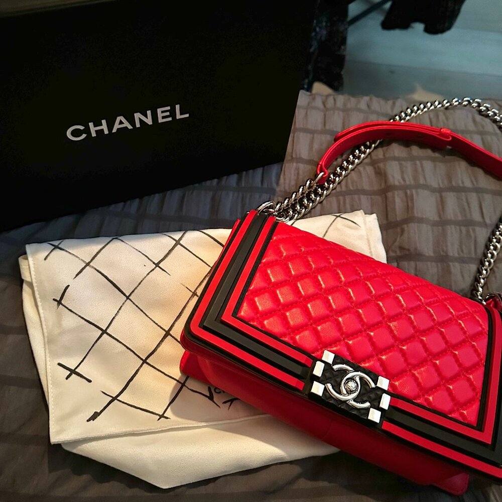 Chanel Boy Bag - Medium - Red  with Black  trim